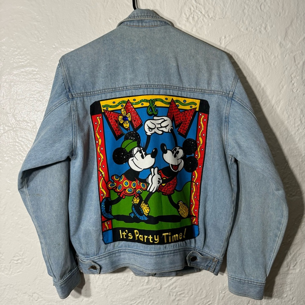 Vintage  Disney Jean Jacket Denim Adult Small Sequin Circa 1980 Mickey Minnie